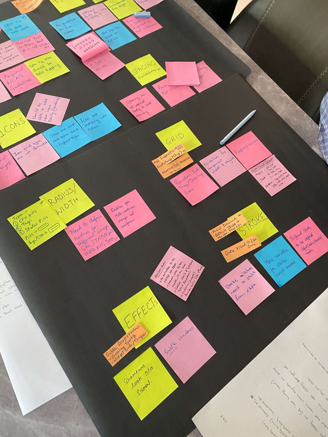 The design-system sticky-note board — radius, grid, stroke, effects