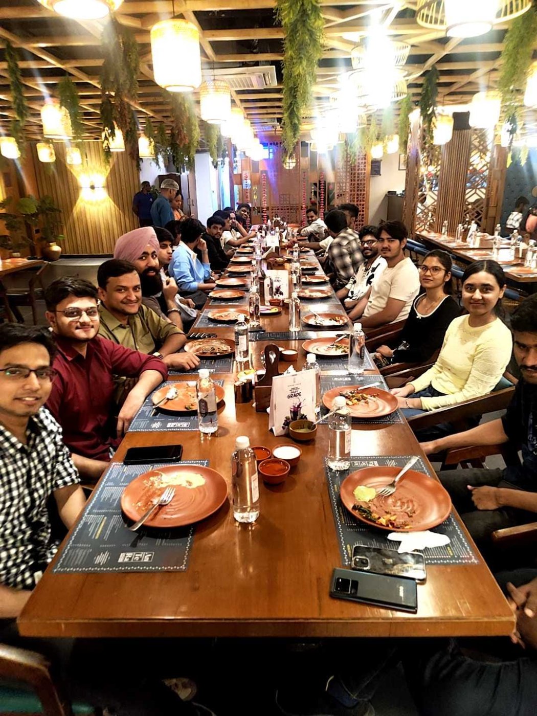 Team dinner along a long table