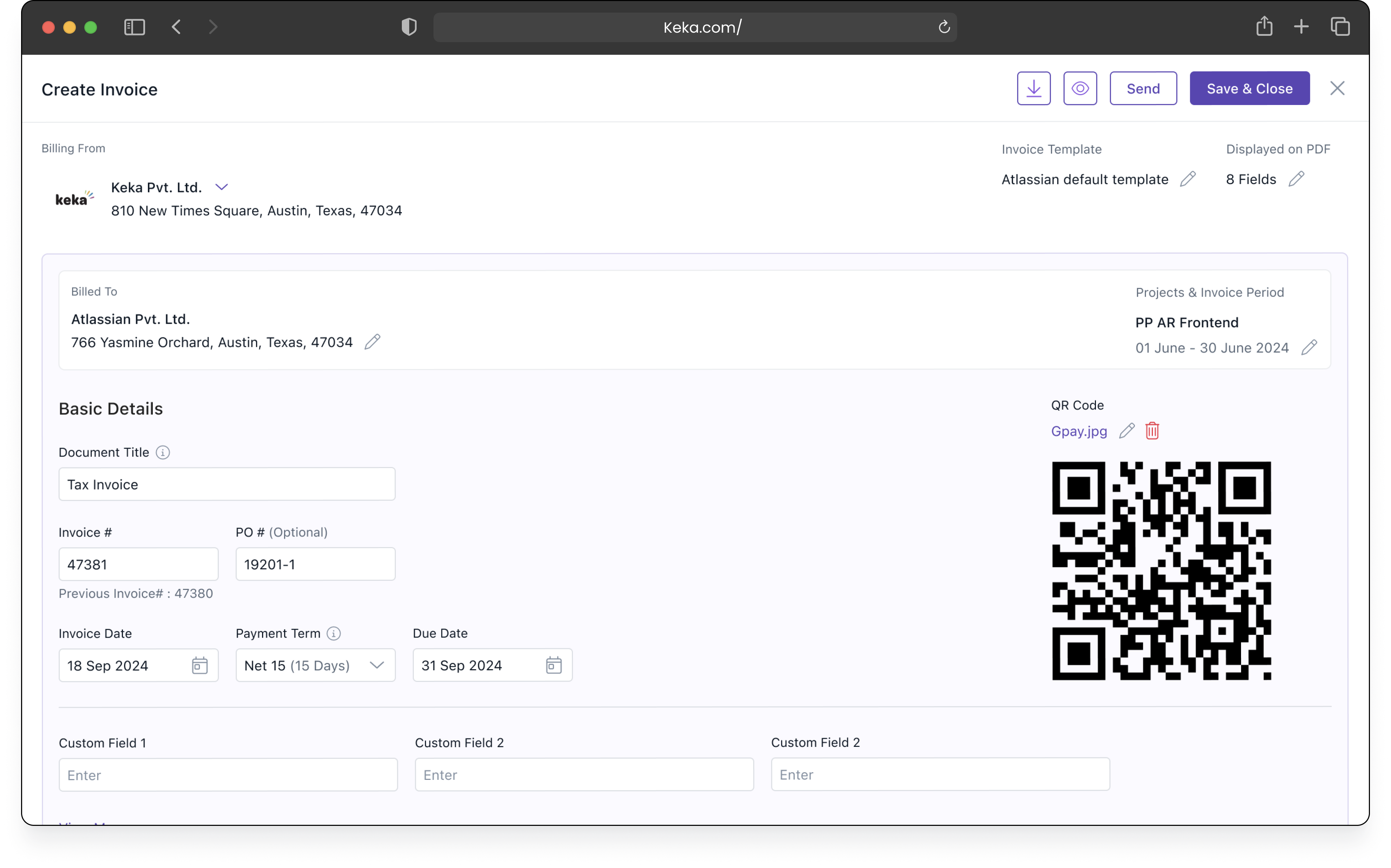 The Create Invoice header: billing-from and billed-to details, the chosen invoice template and fields displayed on the PDF, basic details (document title, invoice and PO number, invoice date, payment term and due date) and a Gpay QR code, with Download, Preview, Send and Save & Close actions in the top bar.