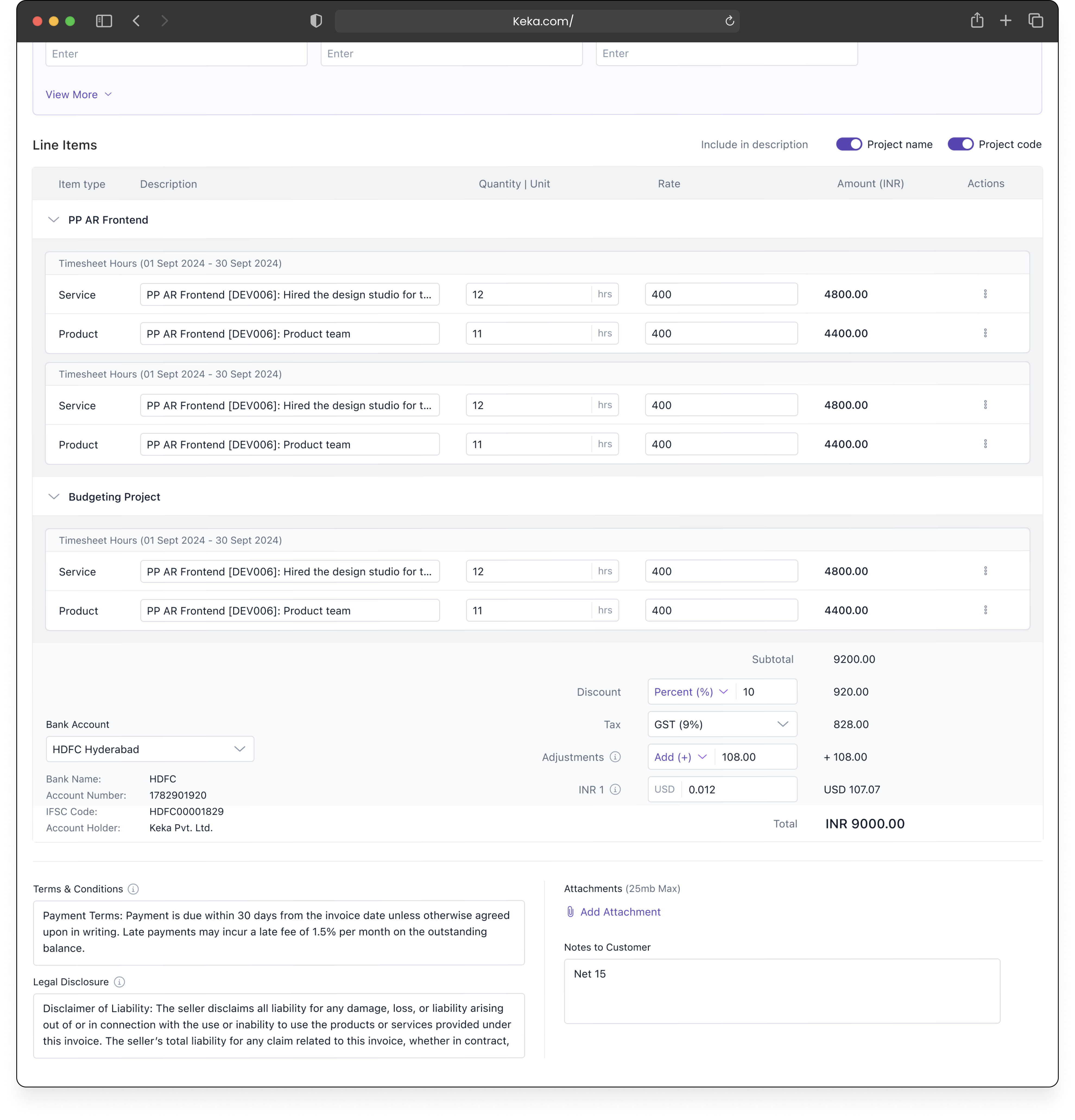 The Line Items step of Create Invoice: charges grouped by project (PP AR Frontend, Budgeting Project) with timesheet-hour service and product rows pulled in pre-filled — description, quantity in hours, rate and amount — above a totals panel with bank account, discount, GST, adjustments and currency conversion, plus terms, legal disclosure and notes to customer.