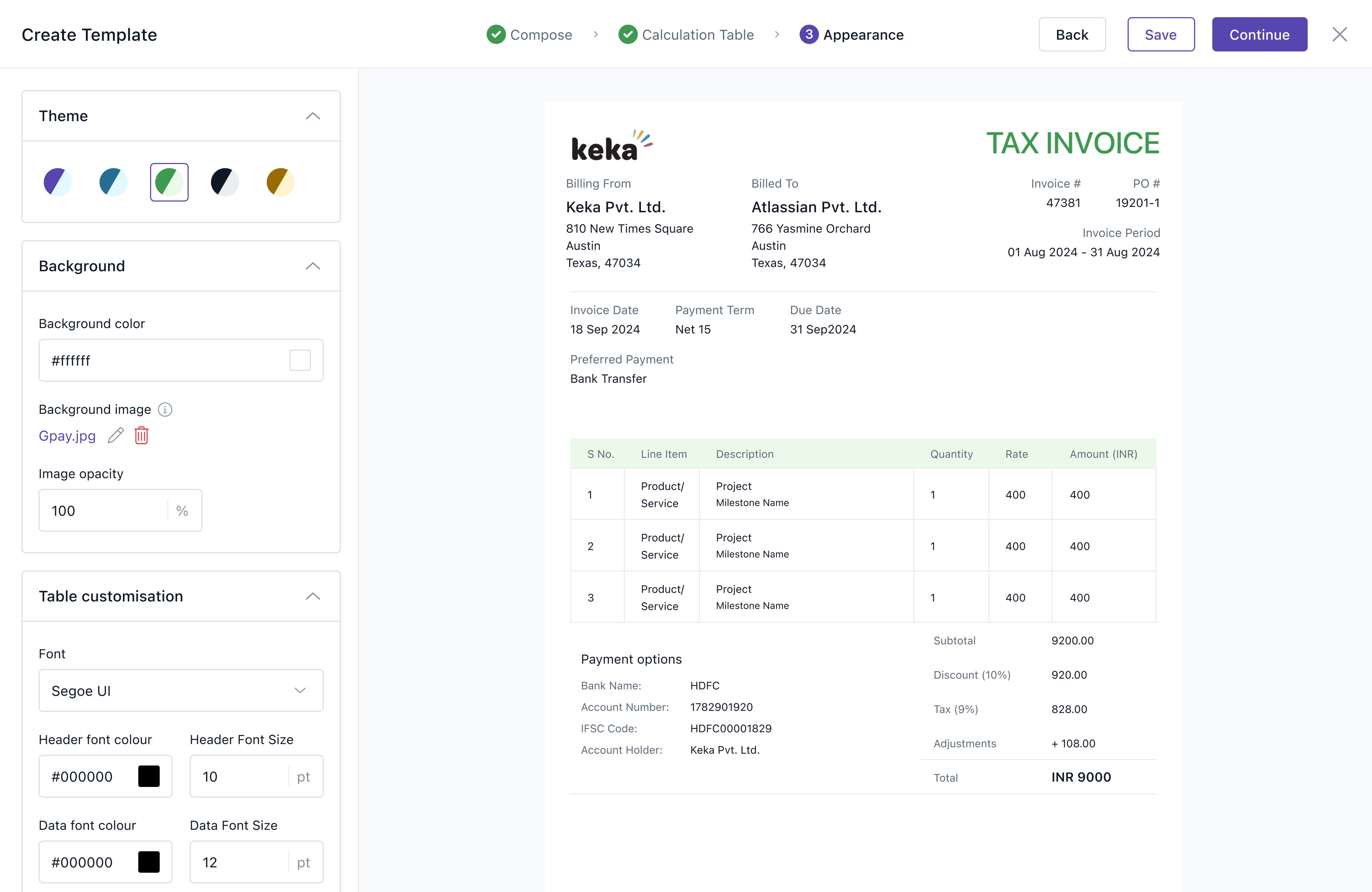 The Appearance step of Create Template: a left panel with Theme swatches, Background color and image, and Table customisation (font, header and data font colour and size) beside a live preview of the Keka tax invoice — billing details, a line-item table, payment options and totals — updating as the theme is chosen.