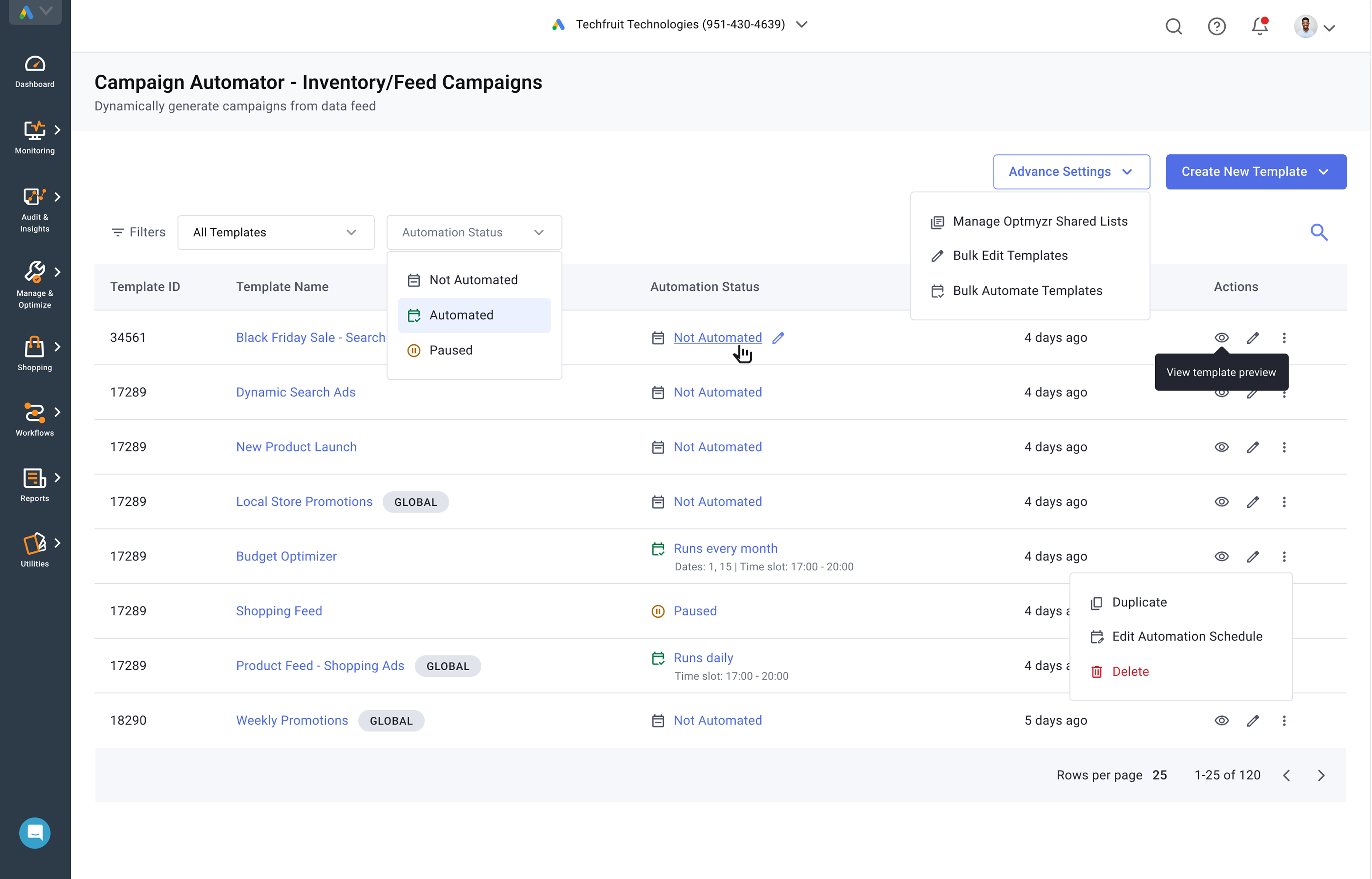 The Campaign Automator dashboard: a template list with an Automation Status filter open (Not Automated, Automated, Paused) and a per-row action menu consolidating Duplicate, Edit Automation Schedule and Delete.