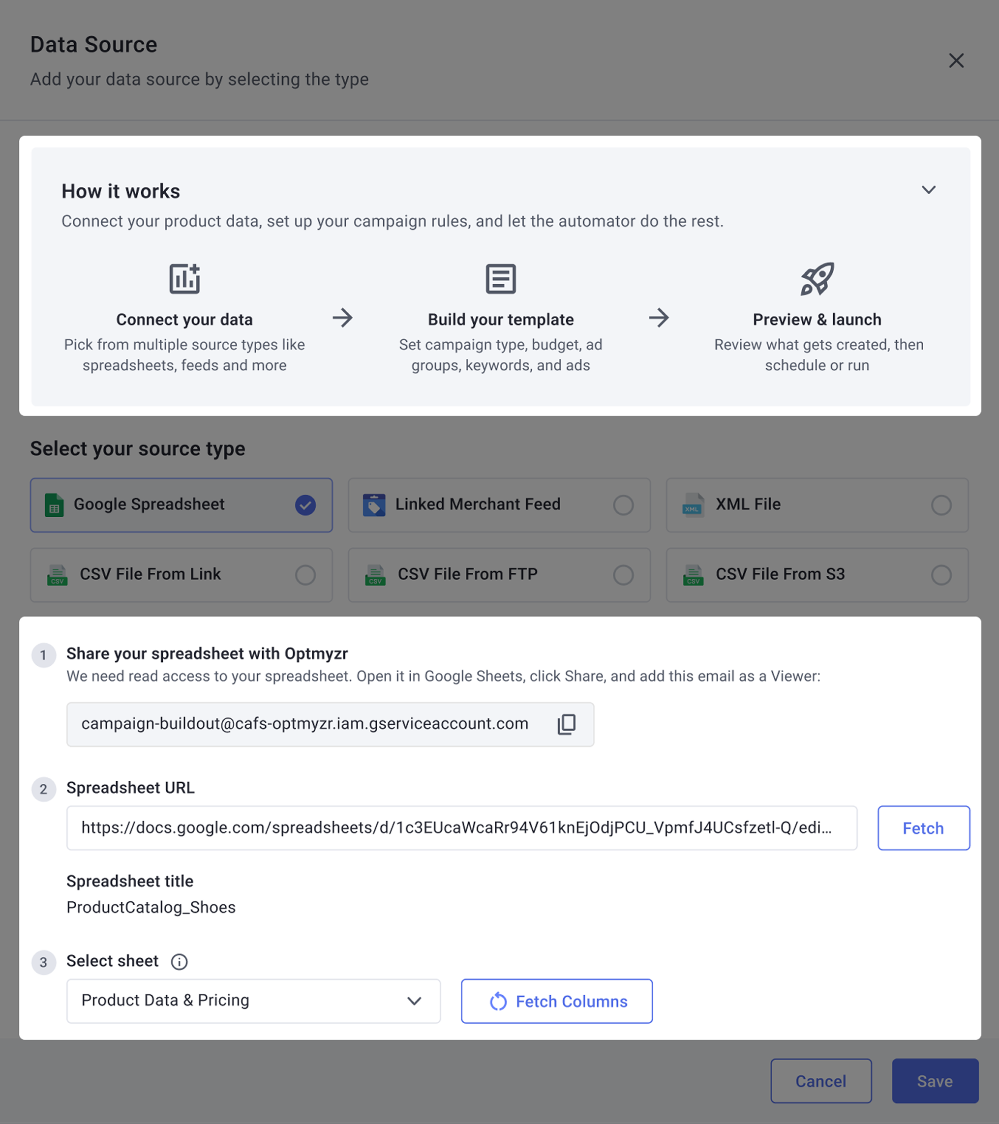 The Data Source setup: a How it works walkthrough (connect data, build template, preview and launch), source-type selection, and the steps to share a spreadsheet.
