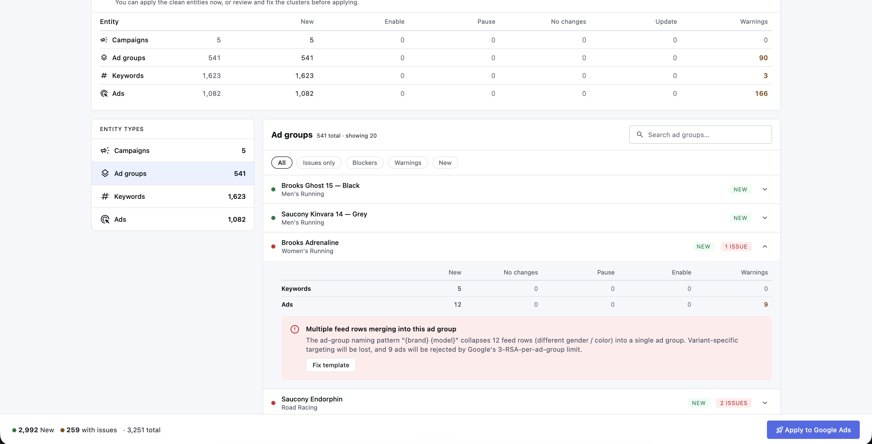 The detail table demoted to its own Entities tab: an entity summary, an Entity Types sidebar for campaigns, ad groups, keywords and ads, and a searchable, filterable ad-group list with an expandable row showing a merged-feed-rows warning.