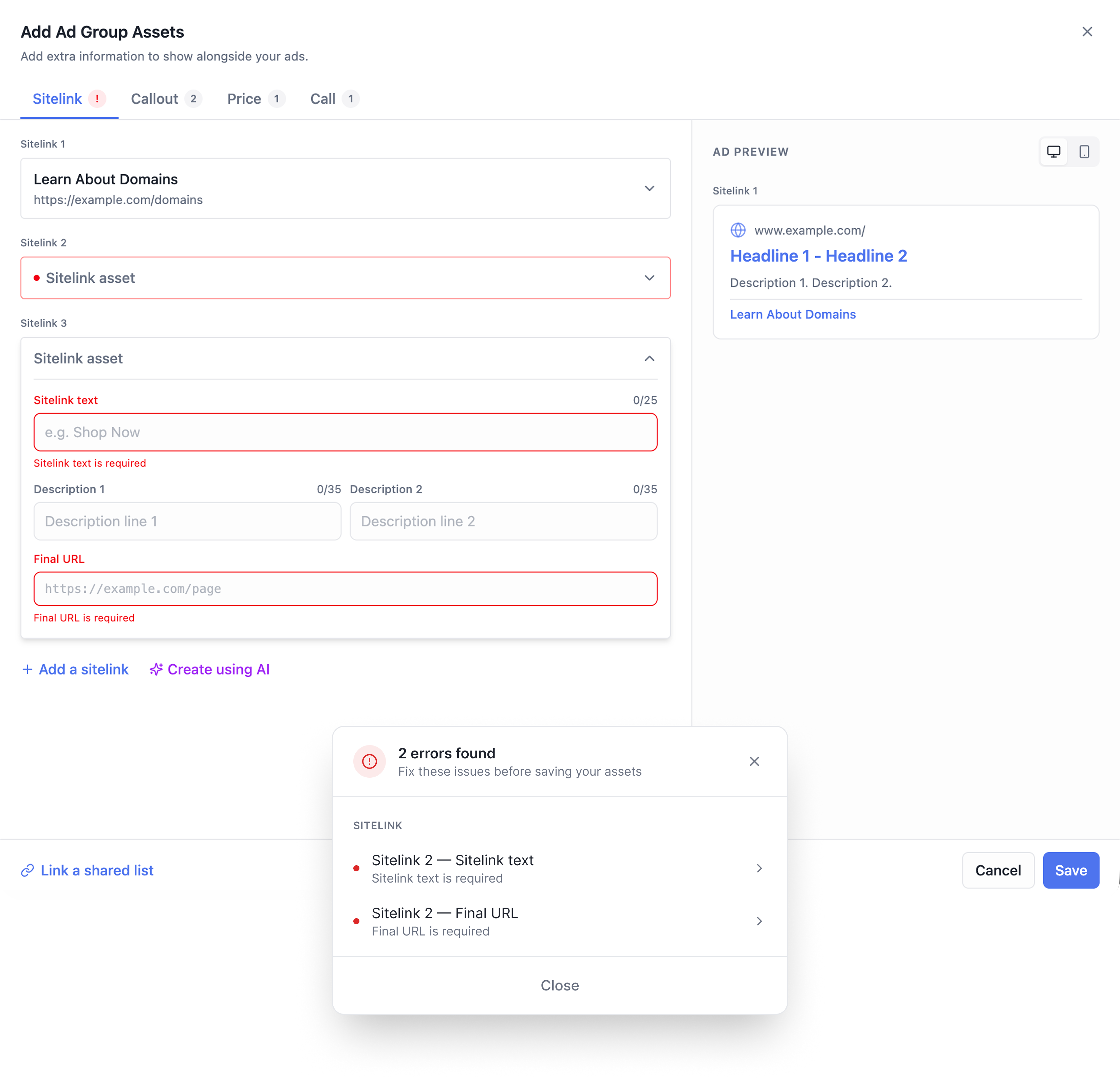 The Add Ad Group Assets panel: tab badges for Sitelink, Callout, Price and Call, inline field errors, a live ad preview, and a save-time error summary listing each unresolved issue with its exact location.