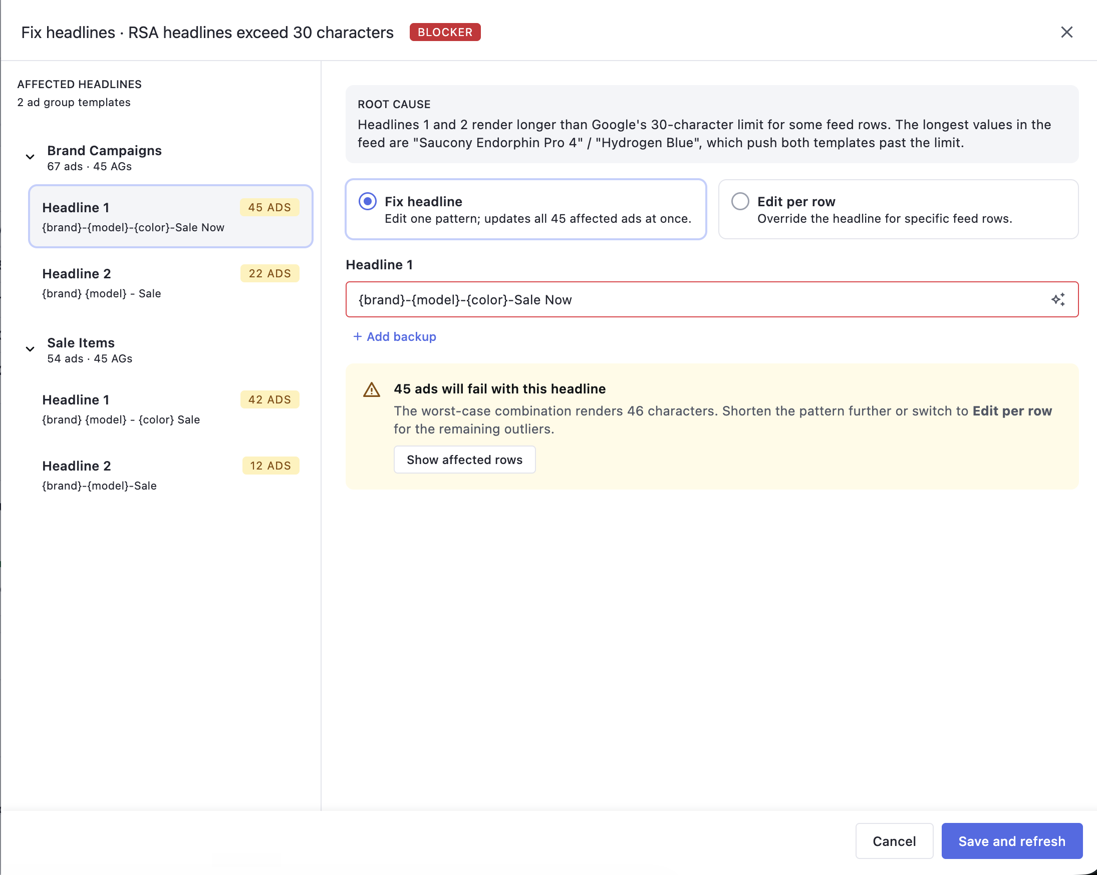 The fix workspace in Fix-headline mode: edit one template pattern to update all 45 affected ads at once, with a warning when the worst-case feed row still exceeds Google's character limit.