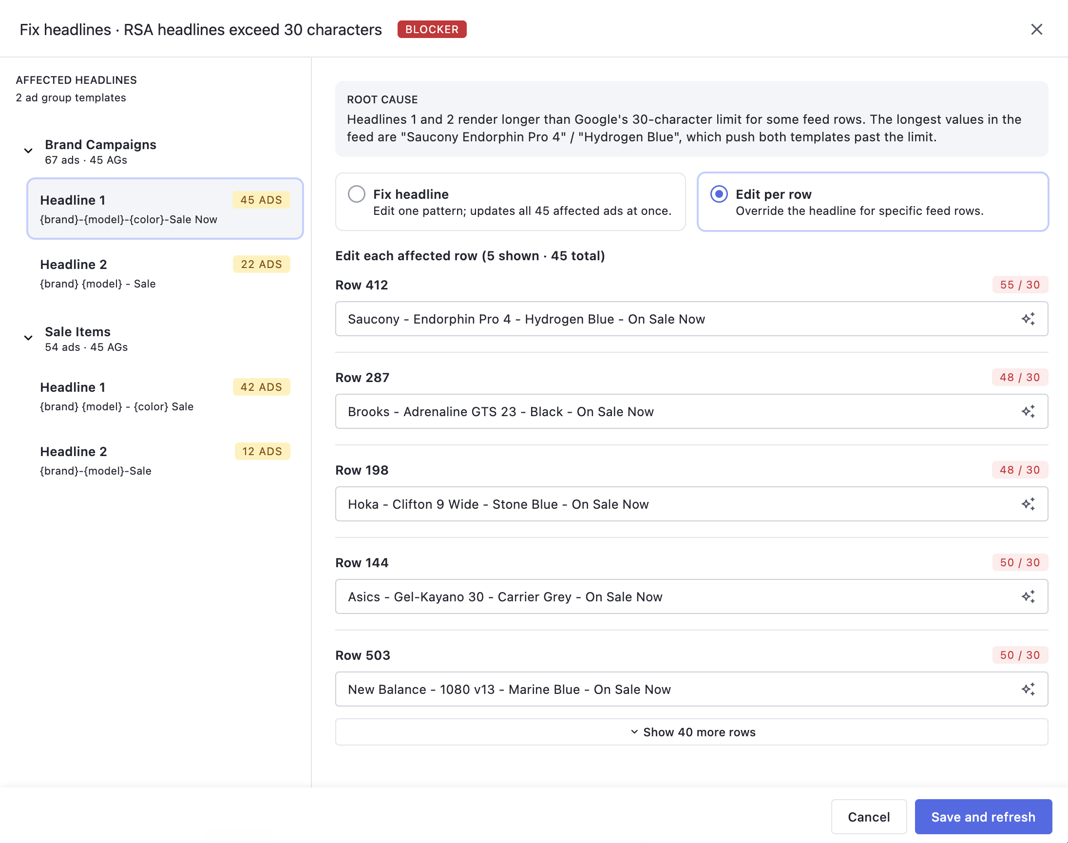The fix workspace in Edit-per-row mode: override the headline for specific feed rows, each row showing its live character count against the 30-character limit.