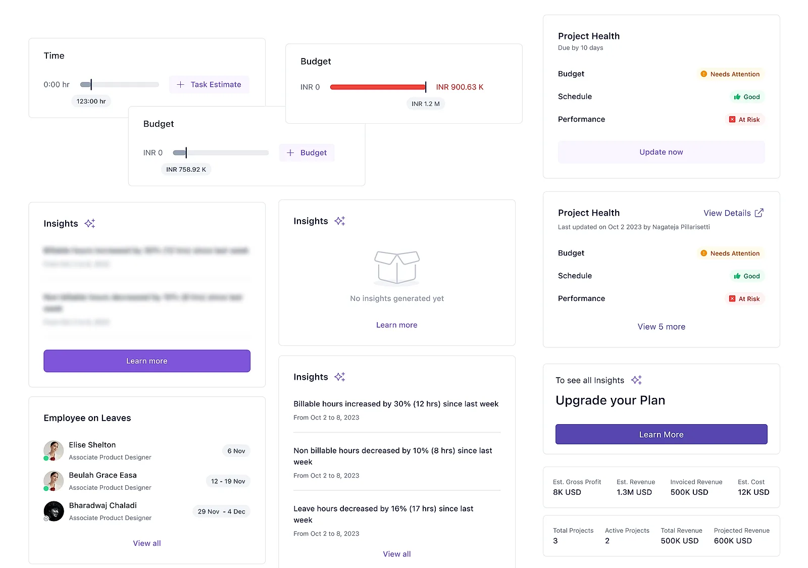 A spread of widget states: Time and Budget bars showing +Task Estimate and +Budget setup buttons, an over-budget bar in red, Project Health as needs-update, updated-with-attribution and locked variants, and Insights as filled, empty, blurred-behind-permission and upgrade-your-plan states.